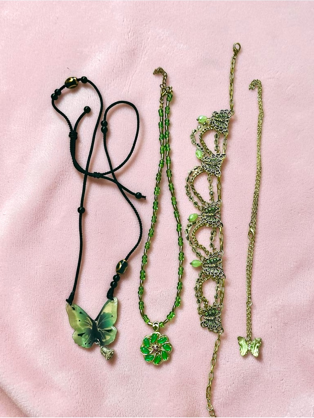4 PC Green Butterfly & Floral Pendant Necklace Set with Gold-Tone Accents